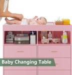 Dresser for Bedroom with LED Lights and Power Outlet, Baby Changing Table Dresser with 6 Drawers, 2 Open Storage Shelves, Baby Diaper Station with Changing Table Top (Pink)