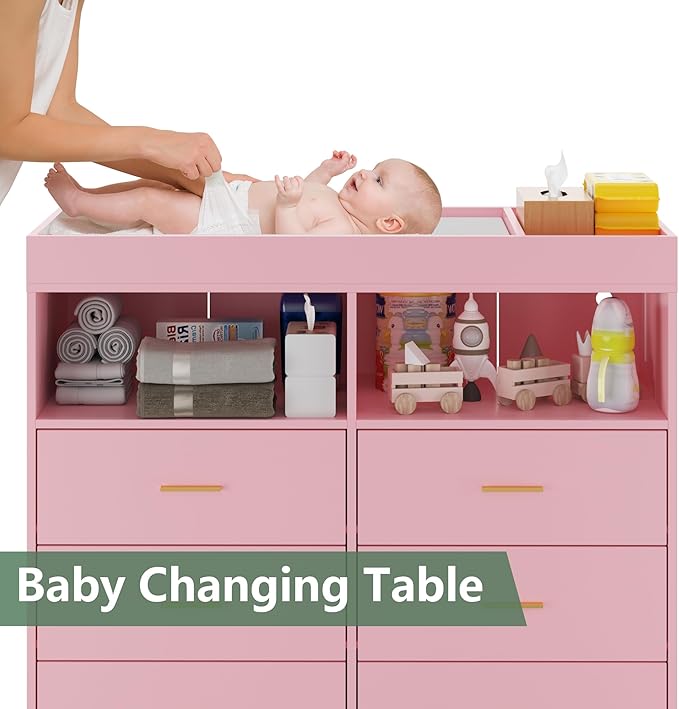 GarveeHome Dresser for Bedroom with 6 Drawers, Baby Changing Table Dresser with Changing Pad, LED Lights & Charging Station, Baby Changing Station with Changing Table Top (Pink)