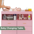 Dresser for Bedroom with 6 Drawers, Multi-Functional Nursery Dresser with LED Lights & Charging Station,Baby Changing Table Table with Diaper Changing Station