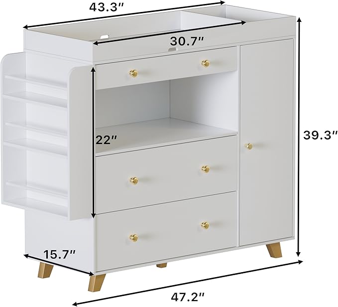 Nursery Dresser with Baby Changing Table, Modern Diaper Changing Station,Dresser for Nursery with 3 Drawers & Shelves, Storage Crib with Changing Table, White