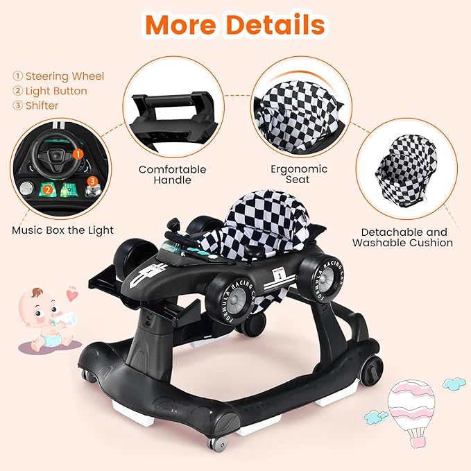 HONEY JOY 4-in-1 Baby Walker, Activity Push Walker w/3 Adjustable Heights, Smooth Wheels w/Adjustable Speed, Padded Seat, Music & Light, Foldable Car Walker for Baby Boys Girls Age 6 Months+ (Black)