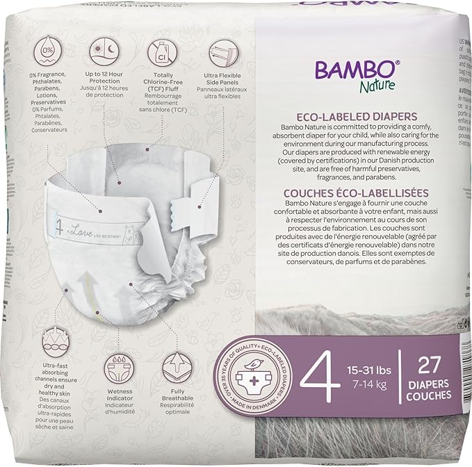 Bambo Nature Hypoallergenic Baby Diapers, Eco-Labelled Sustainable Diapers, Enhanced Leakage Protection, Totally Chlorine-free, Skin Friendly, and Super Absorbent - Size 4 (162 Count)