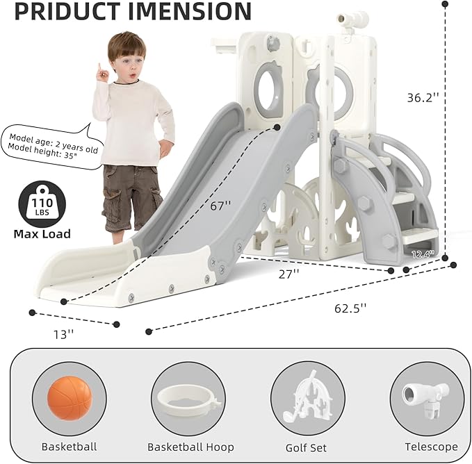 KORIMEFA 7 in 1 Toddler Slide, Kids Slide for Toddlers Baby 1-3 Years Old, Indoor and Outdoor with Basketball Hoop & Golf Set, Plastic Slides for Kids Easy Assembly, Grey