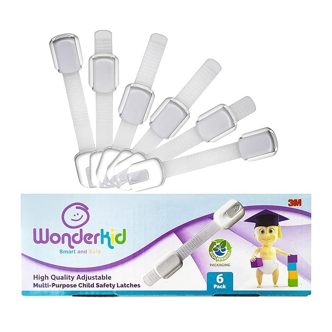 Adjustable & Reusable Child Safety Cabinet Locks & Latches, Baby Proofing Door Window, Cabinet, Toilet, & Refrigerator Lock, Child Safety Strap Locks with Adhesive Pads, Pack of 6, Silver - Wonderkid