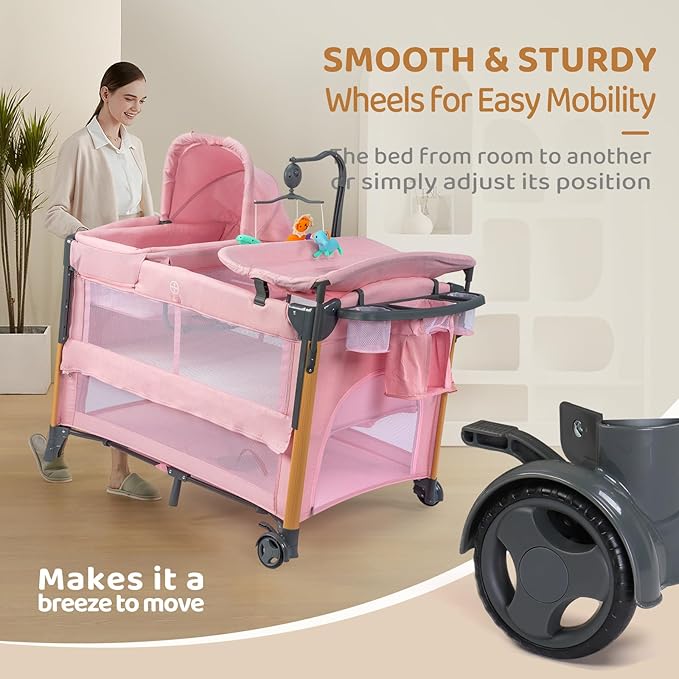 JOYMOR 7 in 1 Bedside Bassinet with Changing Table, Baby Girl Bassinet, Pink Bedside Sleeper with Mattress, Sheet, Canopy, Storage Shelf