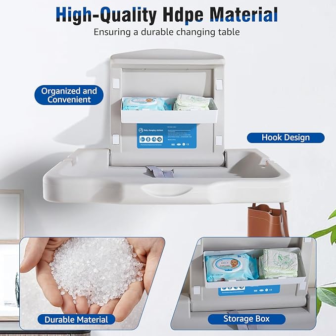 Baby Changing Station Wall Mounted, Fold Down Baby Changing Table, Commercial Diaper Changing Station, Nappy Changing Table with Safety Strop and Door Sign, Space-Saving