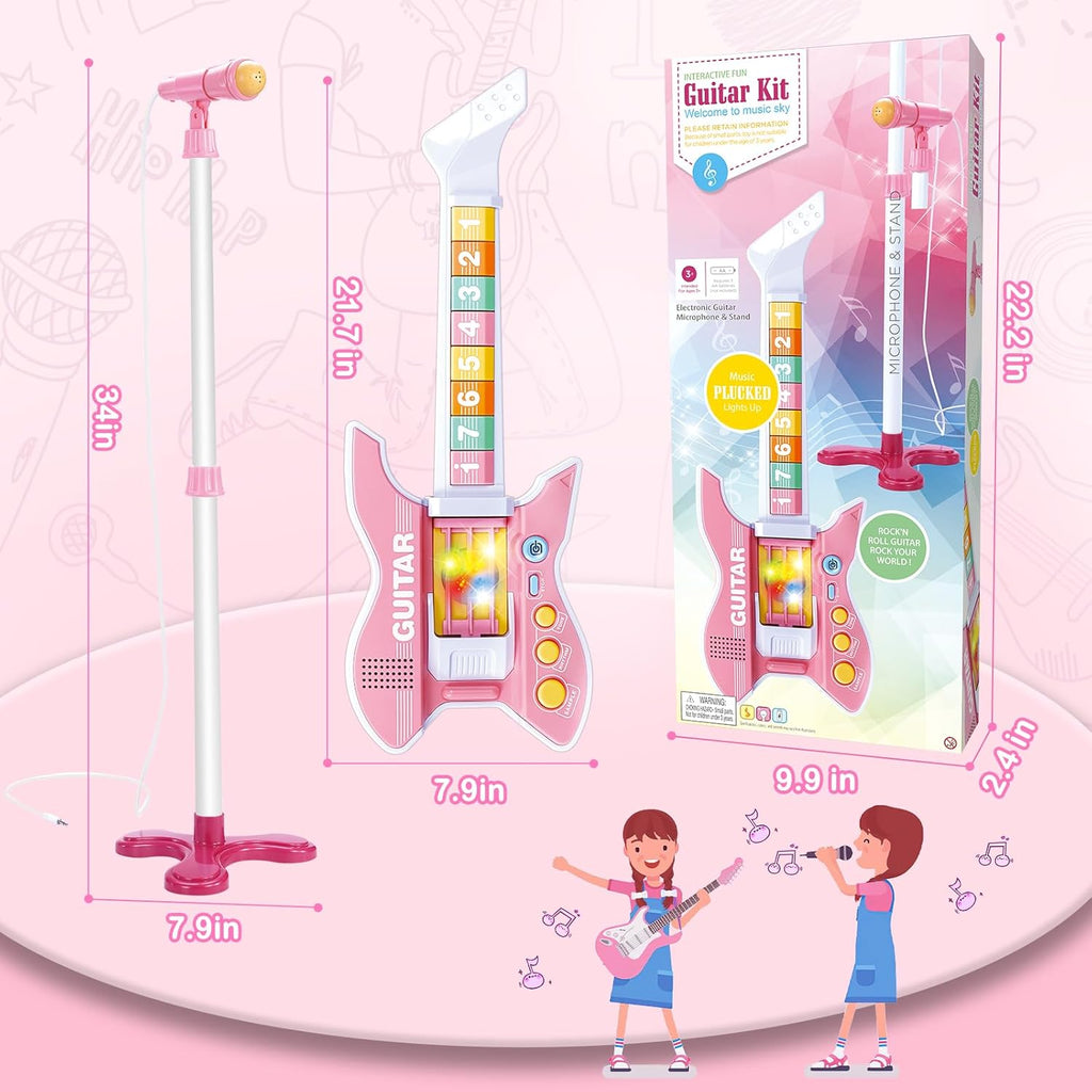deAO Kids Guitar and Microphone Set with Stand Adjustable Height Music Light Karaoke Music Toys Christmas Birthday Gift for Kids Boys Girls (Pink)