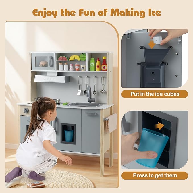 HONEY JOY Kids Kitchen Playset, Wooden Play Kitchen for Toddlers, Microwave, Range Hood, Ice Maker, 18 Cooking Accessories, Little Chef Pretend Play Toy Kitchen Set, Gift for Boys Girls, Gray