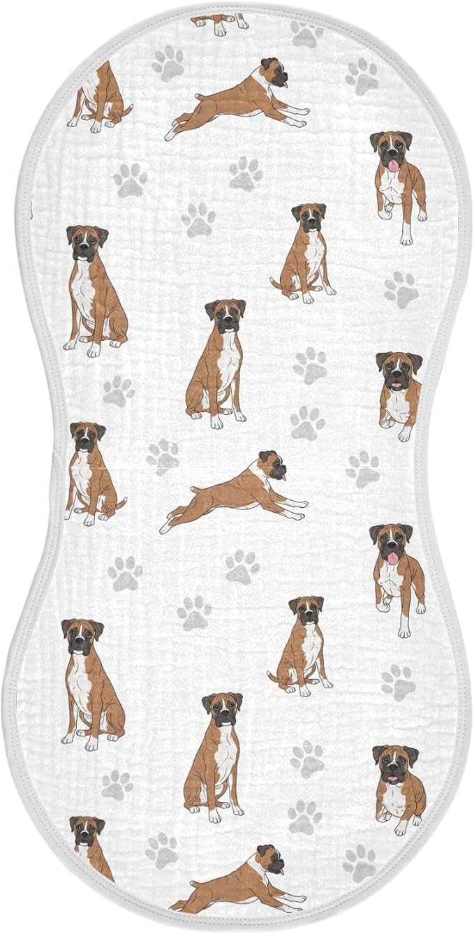 1 Pack Muslin Burp Cloths Boxer Dogs White Cotton Baby Burp Cloths Ultra Absorbent Soft Burping Cloth Washcloths for Newborn Baby Boys Girls 22x11 Inch