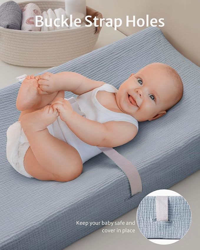 Blissful Diary Muslin Changing Pad Cover for Girls Boys, Ultra Soft Breathable Cotton, Baby Diaper Change Table Pad Covers, 2Pack (Light Blue&Grey)