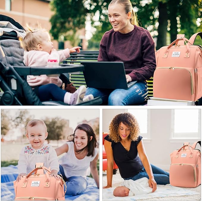 Diaper Bag Backpack with Changing Station, Nappy Baby Bags with Portable Changing Pad, 900D Waterproof Multi-Function Travel Portable Mommy Bag, Pink