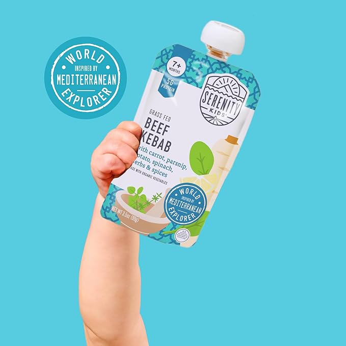 Serenity Kids 7+ Months World Explorers Baby Food Pouches - 3.5 oz, Pack of 18-40% DV Protein 5g Baby Protein Pouches - BPA-Free- Organic Veggies - Variety Pack