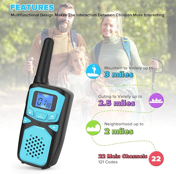 WokTok Small Machine Walkie Talkie,Camping Outdoor Game Toys Christmas Birthday Gift for Boys and Girls 3 4 5 6 7 8 9 10 Years Old Rechargeable with NOAA,Lanyard Kids Walkie Talkie 2 Packs