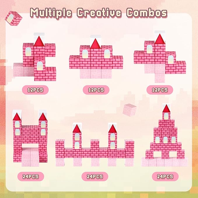 3 otters 12PCS Magnetic Building Blocks, STEM Learning Toys Magnetic Cube Kids Travel Activities with Storage Box for Girls Boys Birthday Gift (Castle)