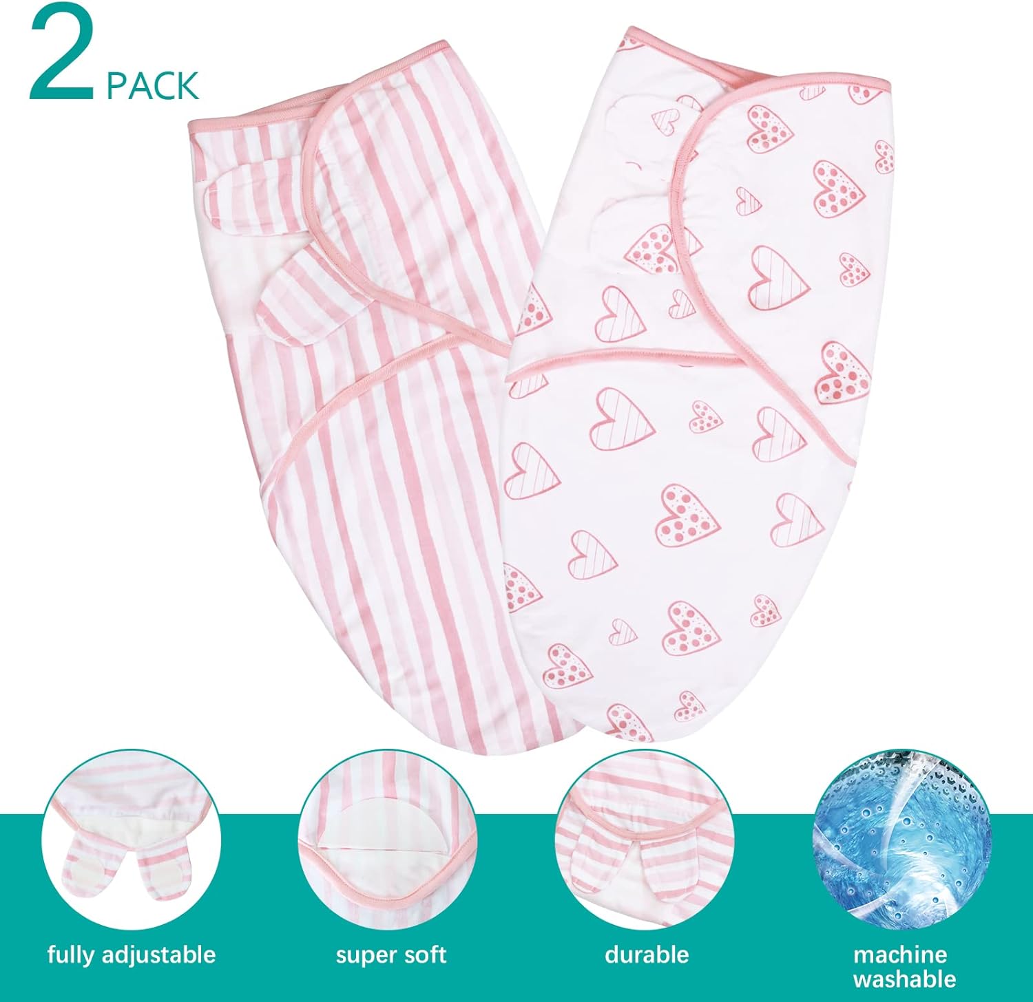 Biloban Baby Swaddles 0-3 Months for Girls - Cotton Swaddle Blanket, Newborn Essentials, Lovely Pink Print, 2 Pack