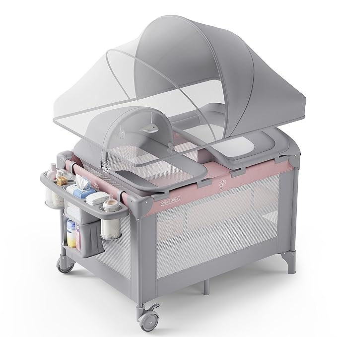 4-in-1 Baby Bassinet with Playard, Sleeper Nest, Changing Table, Mosquito Net & Canopy, Storage and Toys for Newborn to Toddler