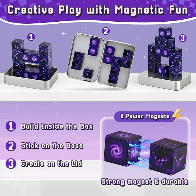 3 otters 12PCS Magnetic Building Blocks, Travel Toys for Kids STEM Magnetic Cube with Storage Box for Boys Girls Birthday Gift (Portal)