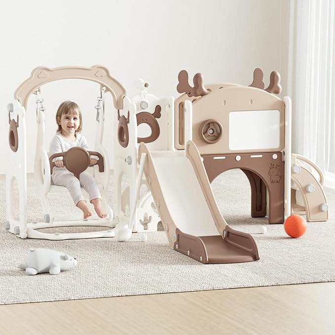 Mloong 12 in 1 Toddler Slide and Swing Set, Kids Slide for Toddlers 1-3 Years Old Baby, Indoor Outdoor with Basketball Hoop Drawing Golf for Kids Easy Assembly(Beige & Rosy Brown)(82×67×41in)