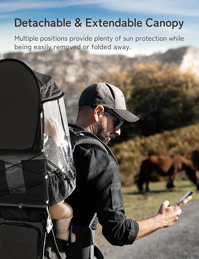 besrey Baby Backpack Carrier, Toddler Hiking Backpack with Safety 3-Height Seat, Adjustable Straps&Waist Belt, Foldable Frame Lightweight Large Capacity Child Carrier for Hiking (Black)