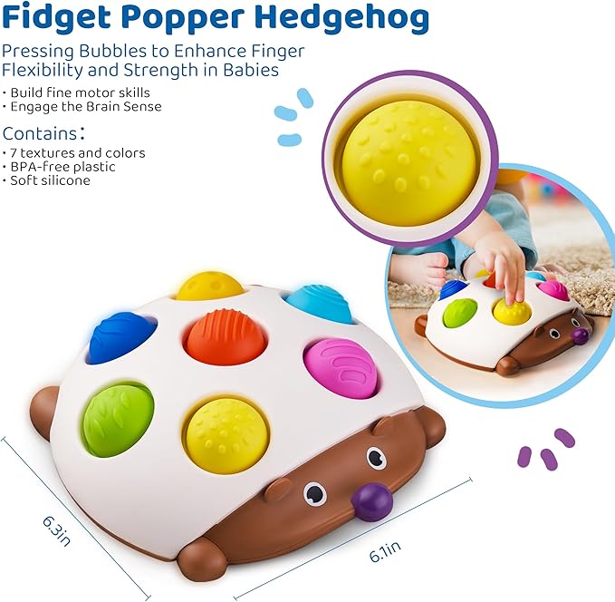 LiKee Fidget Popper Sensory Baby Toys for 10+ Months, Push and Popping Busy Board, Montessori Toys for 1+ Years Old, Airplane Car Travel Toy for Toddlers 1-3 Stress Relief (Hedgehog)