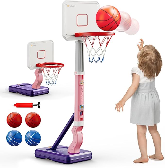Toddler Basketball Hoop, Adjustable Height 2.3-4.5ft Baby Basketball Goal Set with 4 Balls & Pump, Backyard Poolside Basketball Toy for Boys & Girls Birthday Gift, Pink
