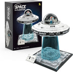 UFO Spaceship Building Block Set, Creative Milky UFO&Alien Building Set, Interstellar Spaceraft Brick Set, Dual LED Lights and Transparent Base, Model for UFO Lover Collection,Gifts for Ages 8+
