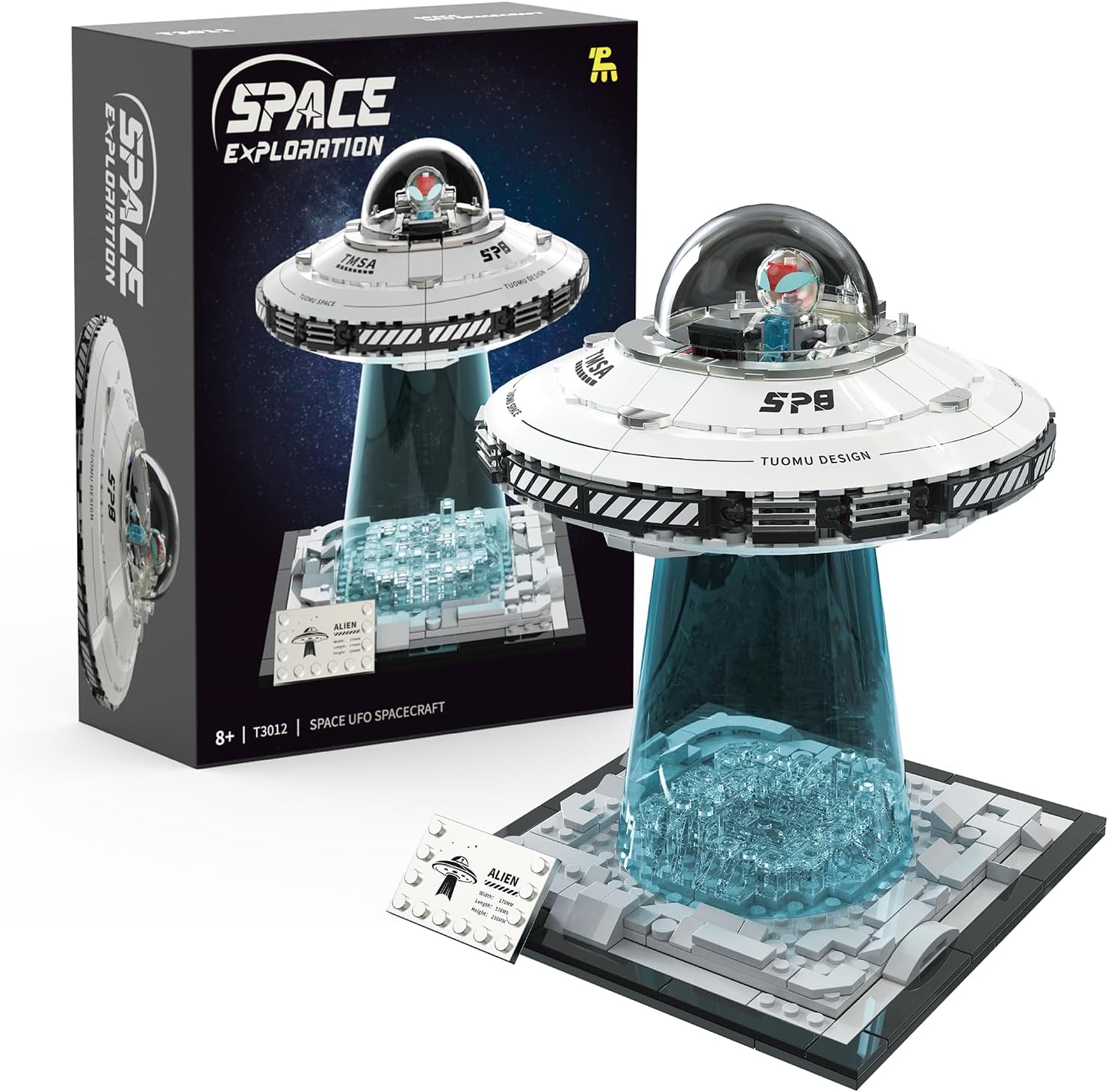 UFO Spaceship Building Block Set, Creative Milky UFO&Alien Building Set, Interstellar Spaceraft Brick Set, Dual LED Lights and Transparent Base, Model for UFO Lover Collection,Gifts for Ages 8+