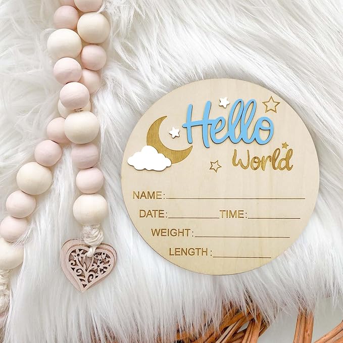 Baby Announcement Sign, 5.9 Inch Wooden Hello World Newborn Signs, Birth Announcement Sign and Pen, Moon and White Cloud Decoration, Welcome Newborn Arrival to World, Hospital Nursery for baby (Blue)