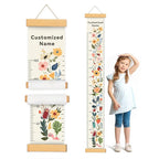 Personalized Name Growth Chart for Kids, Flower Canvas Height Chart Ruler Removable Hanging Wall Ruler Measurement Chart for Home Decoration, Waterproof Measuring Board, Foldable