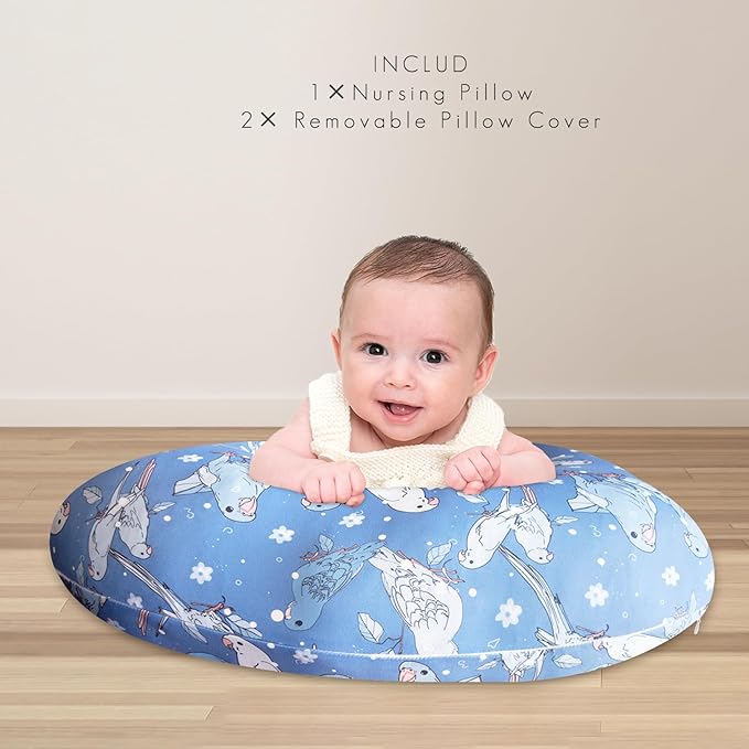 Nursing Pillow with 2 Piece Removable Ultra Soft&Stretchy Cover,Nursing Pillows for Breastfeeding,Tummy time and Baby Sitting Support,Bird Pattern