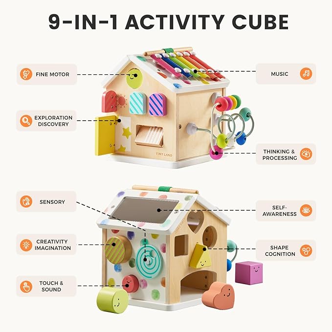 Tiny Land 9-in-1 Wooden Activity Cube, Montessori Baby Activity Center for 1+ Year Old, Educational Toy for Toddlers, Ideal Gift for Girls and Boys (Rainbow)