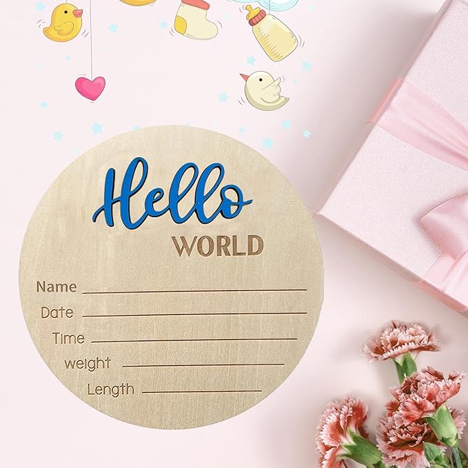 Baby Announcement Sign, 5.9 Inch Wooden Hello World Newborn Signs, Birth Announcement Sign, Baby Shower Hospital Nursery for Newborn Boys and Girls (Blue,Pen)