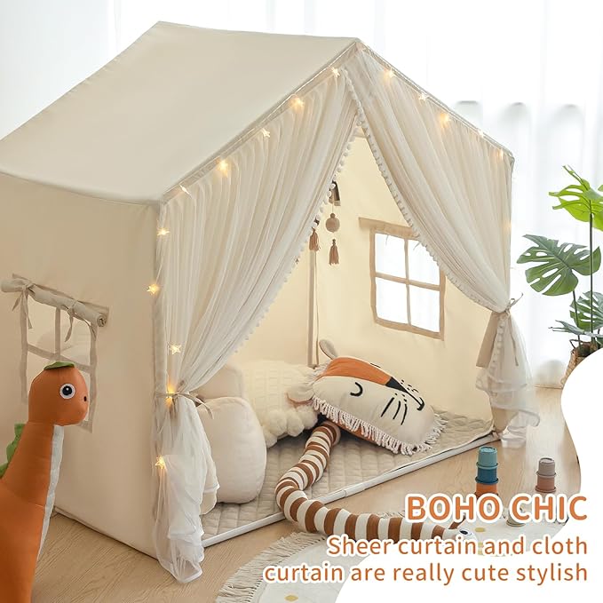 Kids Play Tent with Padded Mat, Kids Tents Large Princess Castle Pompoms Play House Indoor Playhouse Tent for Girl Bed Tents