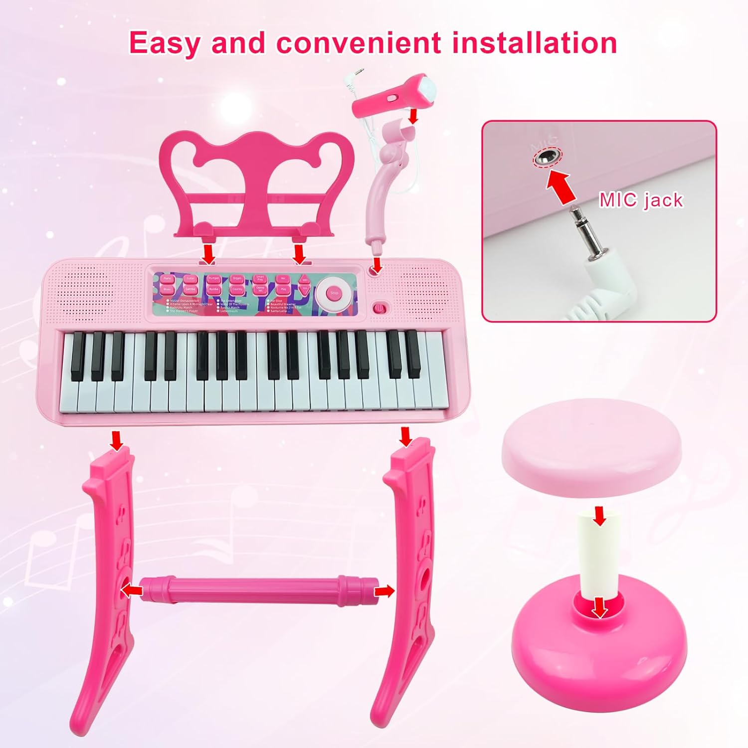 Love&Mini Kids Keyboard Toys for Girls - 37 Keys Pianos Toy with Stool and Microphone Pink Electronic Musical Instrument, Christmas Birthday Gift for Kids 3 4 5 6 7 8 Years Old Boy and Girl