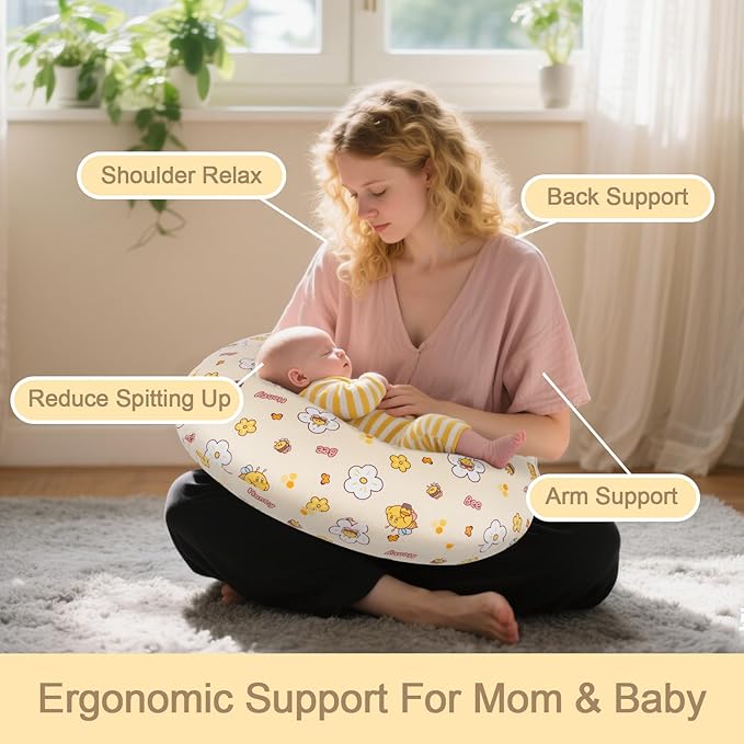 Baby Nursing Pillow for Breastfeeding, Adjustable Breast Feeding Pillow for Bottle Feeding, Breastfeeding Essentials for Mom and Baby Healthier Nursing, Removable Cover- Bee Yellow