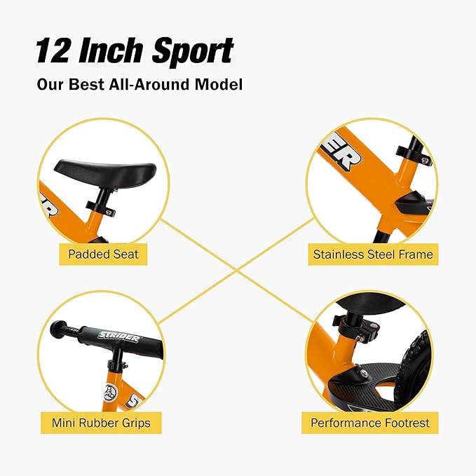 Strider 12” Sport Bike - No Pedal Balance Bicycle for Kids 1 to 4 Years - Includes Safety Pad, Padded Seat, Mini Grips & Flat-Free Tires - Tool-Free Assembly & Adjustments