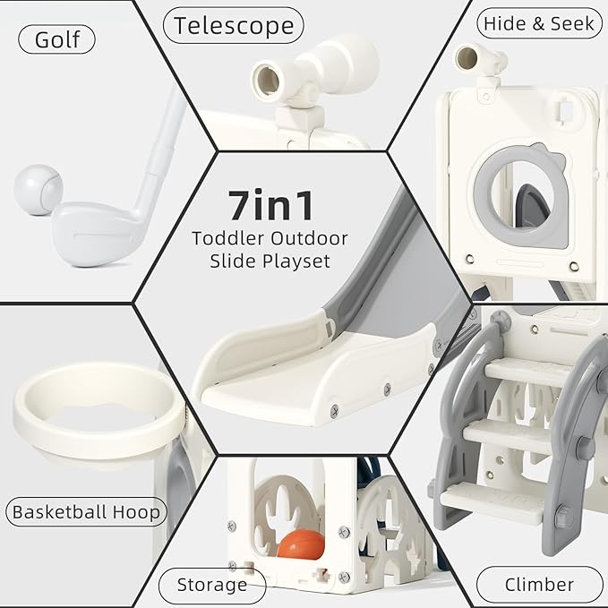 KORIMEFA 7 in 1 Toddler Slide, Kids Slide for Toddlers Baby 1-3 Years Old, Indoor and Outdoor with Basketball Hoop & Golf Set, Plastic Slides for Kids Easy Assembly, Grey