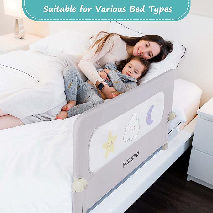 welspo Folding Toddler Bed Rails, Baby Bed Rail Guard, Height Adjustable and Foldable Bed Rail for Toddlers, Kids, fit Twin, Queen, King, Full, Bunk Beds (Grey, 47inch)