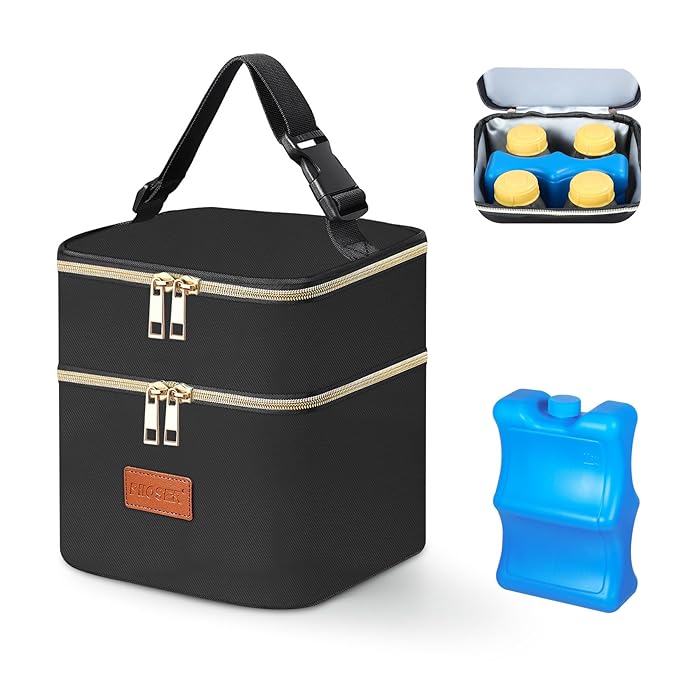 PIIOSER Breast Milk Storage Cooler Bag with Ice Pack, Fits 4 Baby Bottles Up to 5 Ounce, Small Insulated Breastmilk Cooler Travel Bag with Handle Buckle for Nursing & Working Mom Daycare (Black-XS)