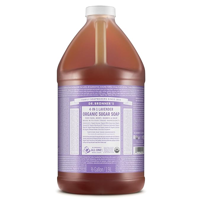 Dr. Bronner's Organic Sugar Soap (Lavender, 64 Ounce)- Made with Organic Oils, Sugar & Shikakai Powder, 4-in-1 Uses: Hand and Body Wash, Face, Hair- Cleanses, Moisturizes, Nourishes, Vegan