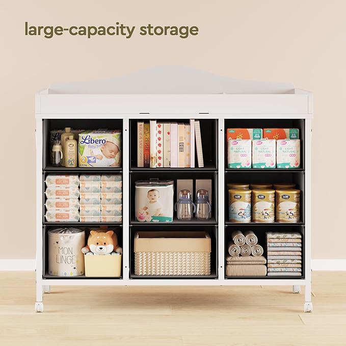 Baby Changing Table with 9 Fabric Drawers, Waterproof Diaper Changing Station & Pad, Mobile Nursery Diaper Changing Table, Baby Furniture, Bedroom, White