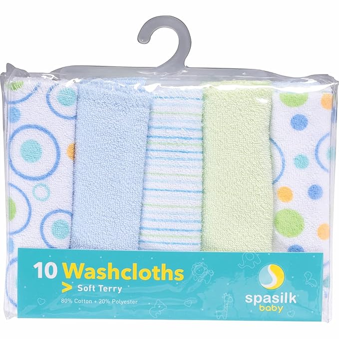 Spasilk Washcloth Wipes Set for Newborn Boys and Girls, Soft Terry Washcloth Set, Pack of 10, Blue Circles