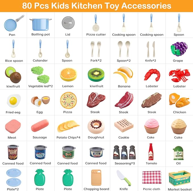 80Pcs Kitchen Playset, Toddler Pretend Cooking with Pots, Pans, Cookware, Food, Picnic Blanket, Fruits, Veges, Shopping Storage Basket, Dessert , Learning Gift for Girls Boys (Blue)