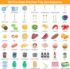 80Pcs Kitchen Playset, Toddler Pretend Cooking with Pots, Pans, Cookware, Food, Picnic Blanket, Fruits, Veges, Shopping Storage Basket, Dessert , Learning Gift for Girls Boys (Blue)