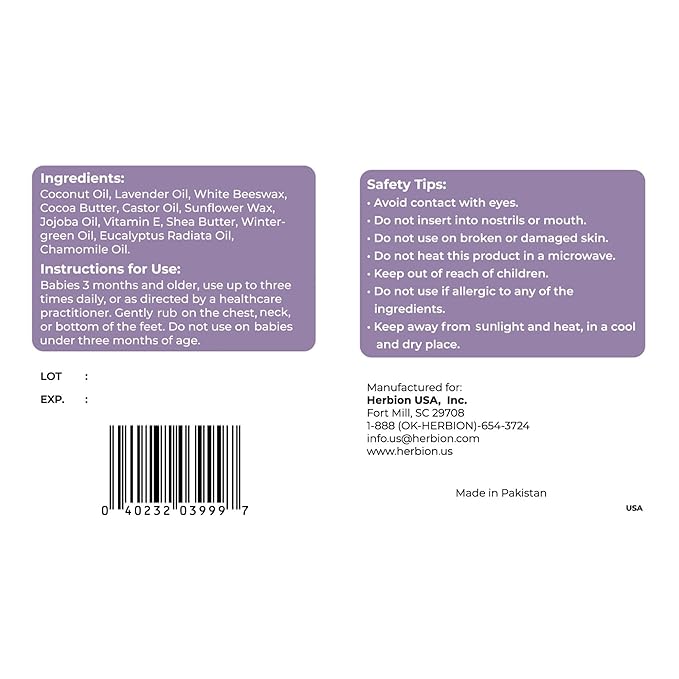 HERBION Naturals Baby Chest Rub, Ages 3 Months+, All-Natural Soothing Ointment with Coconut Oil, Eucalyptus, Lavender, Chamomile, Shea Butter, Petroleum & Menthol-Free, Non-GMO, 3.53 Oz, Pack of 1