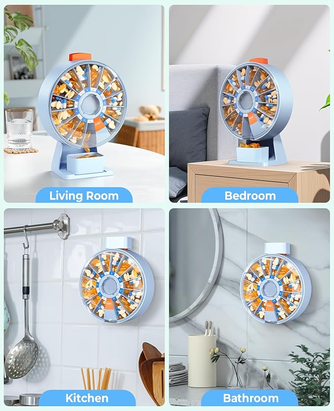 Daviky Pill Dispenser Daily, Large Pill Organizer with Wall-Mounted or Standing Use, 14 Days Pill Container, Push Button Design, Weekly Pill Box for Vitamin, Medicine,Supplement, Fish Oil(Blue)