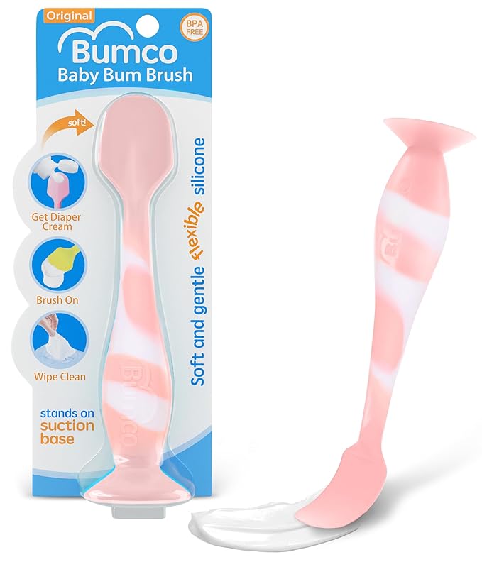 Bumco Baby Bum Brush - BPA-Free Diaper Cream Spatula with Suction Cup Base, Soft & Flexible Silicone, Wipe-Clean, Mom-Invented Diaper Bag Essentials (Light Pink Swirl)