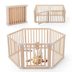 Foldable Wooden Playpen, Large Baby Play Yard with Locking Gate for Babies and Toddler 1-3 Year, Portable Playpen for Activity Center Indoor Outdoor(Wood, 6 Panel)
