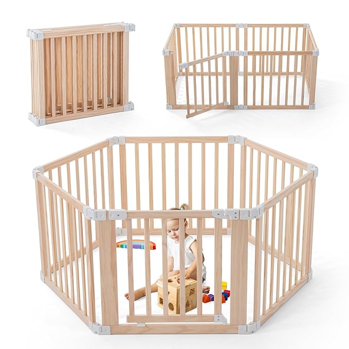 Foldable Wooden Playpen, Large Baby Play Yard with Locking Gate for Babies and Toddler 1-3 Year, Portable Playpen for Activity Center Indoor Outdoor(Wood, 6 Panel)