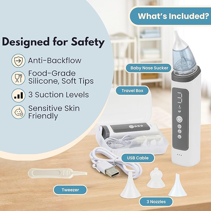 Electric Nasal Aspirator for Babies – Gentle Electric Nose Suction for Baby - Adjustable Suction, Calming Music & Light – Soft Silicone Tips for Newborn and Infant Congestion Relief – USB Rechargeable
